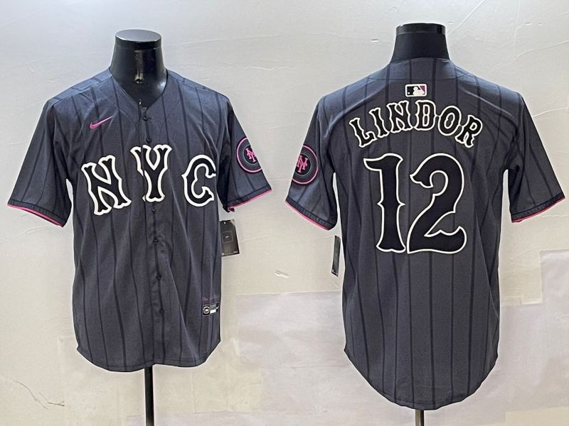 Men New York Mets #12 Lindor Black City Edition 2025 Nike MLB Jersey style 1